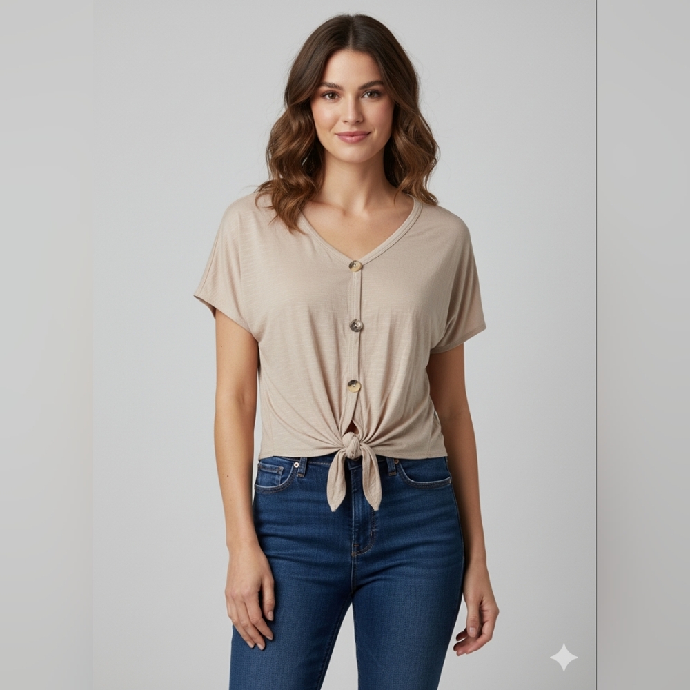 Pinc Taupe Button-Front Tie Short Sleeve Tee